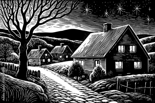 rural village at night with traditional houses, glowing windows, cobblestone paths and distant hills, shown in atmospheric black and white line art illustration