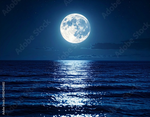 A serene ocean reflects the full moon under a dark blue sky filled with distant stars, creating a peaceful night scene.
