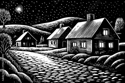 rural village at night with traditional houses, glowing windows, cobblestone paths and distant hills, shown in atmospheric black and white line art illustration