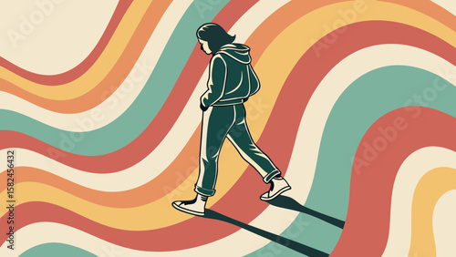 A young woman casually strolling, enveloped by vibrant retro waves in warm tones, creating a nostalgic and dreamy atmosphere.