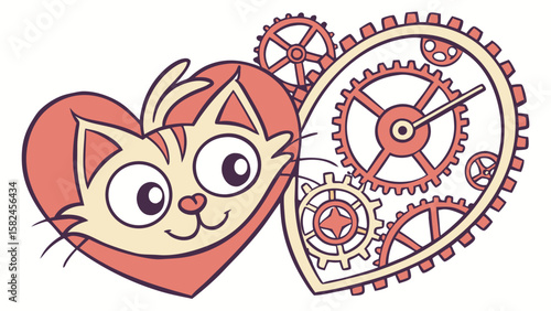 A playful cartoon cat with a heart and clockwork gears, blending love and whimsy in vibrant colors.