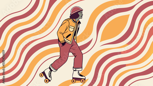 A stylish Black female roller skater gliding gracefully against a retro wave background in warm tones.