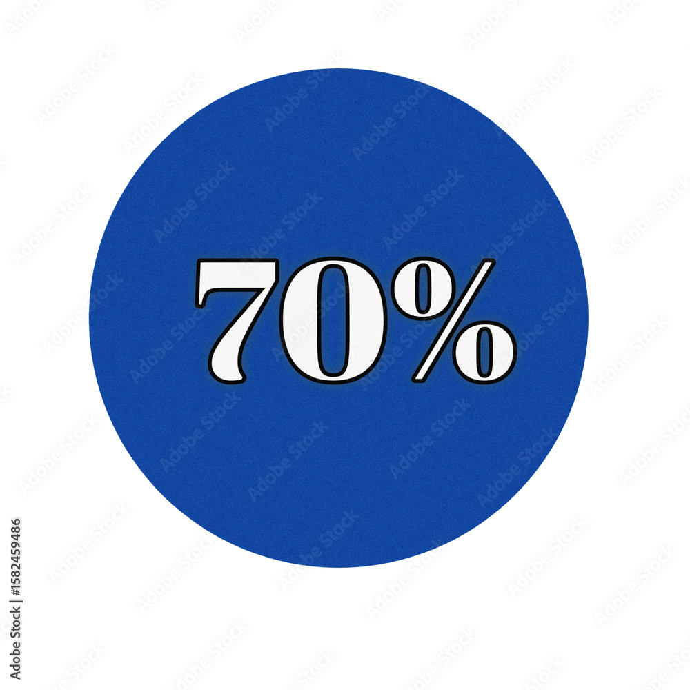 Bold white seventy percent text inside a textured blue circle isolated on transparent background Bold white seventy percent text inside a textured blue circle isolated on transparent background