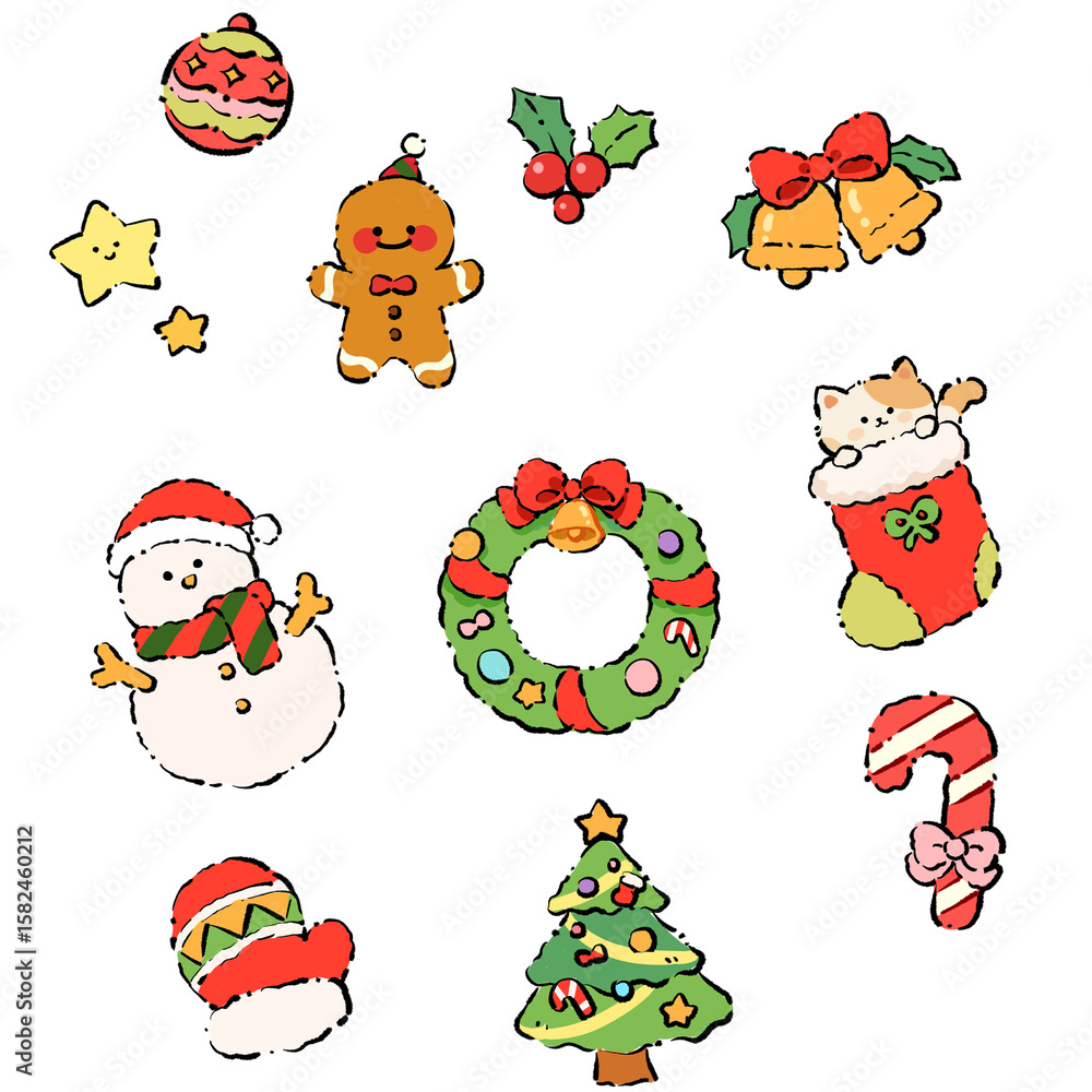 Fototapeta premium set of christmas elements,christmas, santa, snowman, cartoon, holiday, xmas, set, vector, tree, winter, gift, decoration, illustration, celebration, santa claus, icon, year, design, claus, new, cute, 