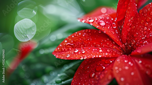 red flower with dewdrops