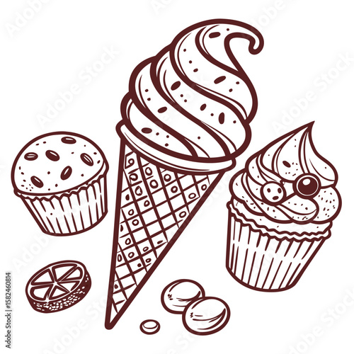 Illustration of an ice cream cone with cupcakes lemon slice and candies in a sketch style drawing design