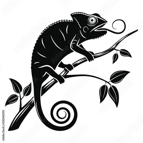 Chameleon on branch with tongue out black and white image