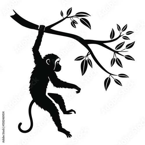 Monkey silhouette hanging from a tree branch with leaves