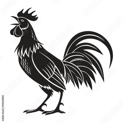 Illustration of a crowing rooster in black and white color