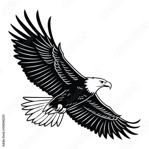 A black and white drawing of an eagle in flight soaring high