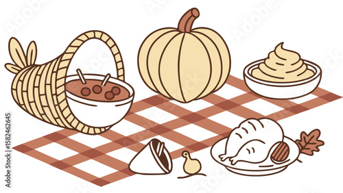 Illustration of thanksgiving feast with cornucopia pumpkin turkey and mashed potatoes on plaid tablecloth