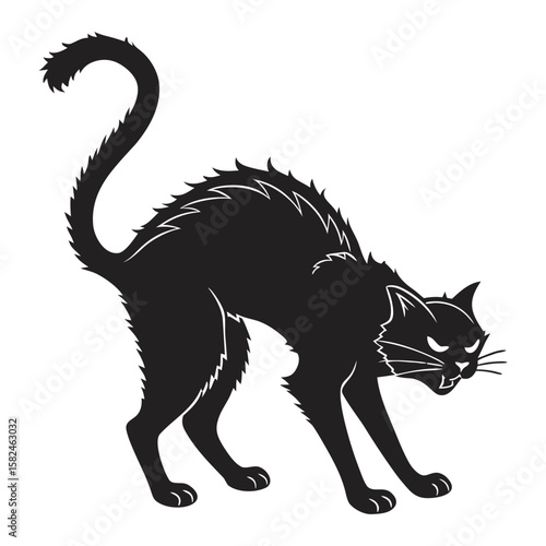 Silhouette of a black cat with arched back and tail up