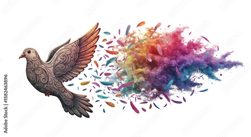 Fototapeta premium Dove in flight with rainbow feathers