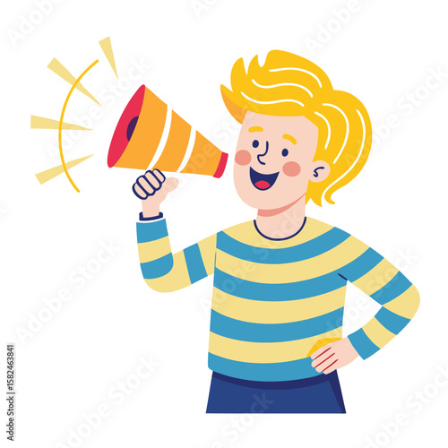 Cartoon illustration of a smiling boy with a megaphone and other people having fun