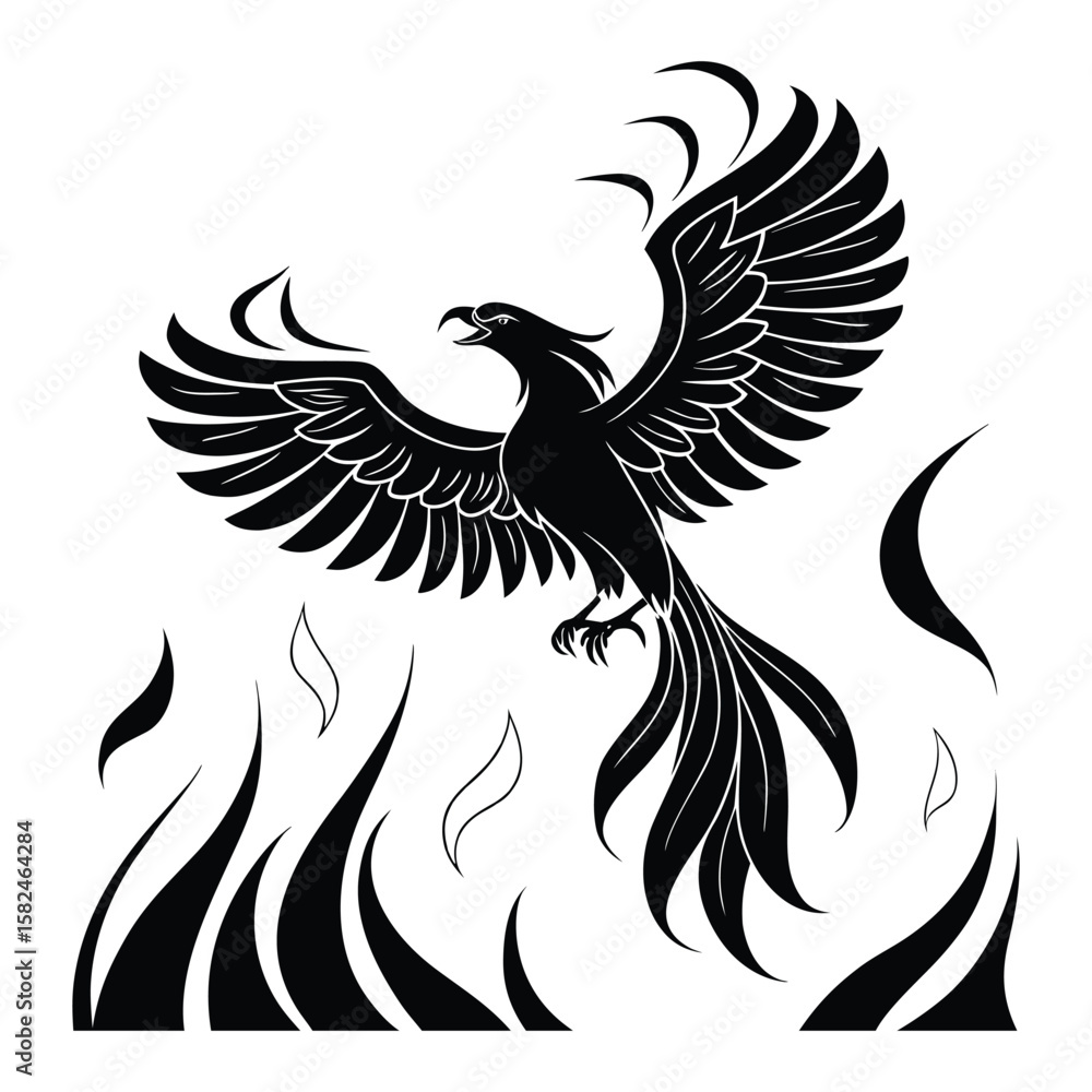 Obraz premium Black phoenix rising from flames vector illustration art