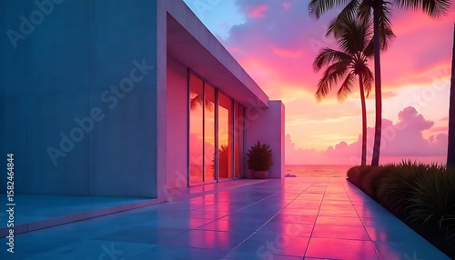 Fototapeta Naklejka Na Ścianę i Meble -  A modern city skyline at dawn, with the first light reflecting off glass skyscrapers, Miami sunset reflecting off building, created with generative ai