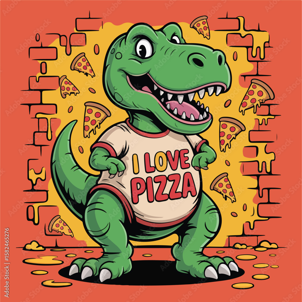 Obraz premium Cartoon dinosaur wearing i love pizza shirt with pizza rain
