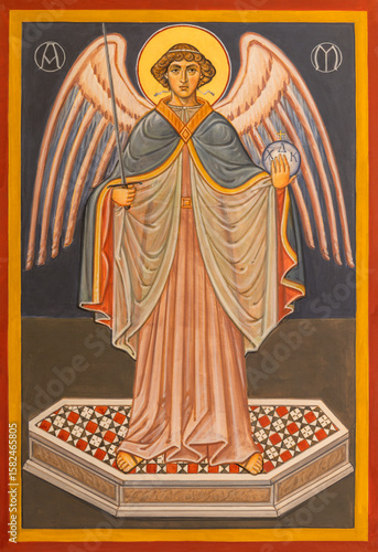 Spello - The fresco of St. Michael archangel in the church Chiesa di San Severino as a copy of the damaged original medieval fresco in this church.