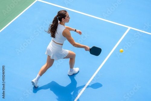 Active woman wearing white sportswear competes in a dynamic pickleball match on a sunny day.