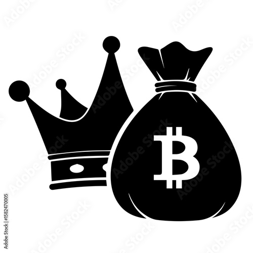 Bitcoin money bag with crown icon representing royal cryptocurrency, digital wealth, blockchain dominance, elite crypto power, and the reign of decentralized financial technology.