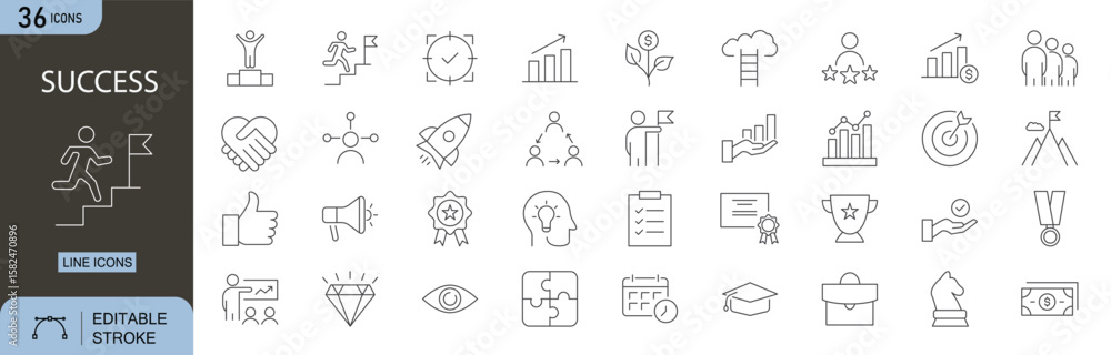 Fototapeta premium Success icons set. Includes icons for trophy, target, achievement, goal, winner, thumbs up, medal, growth, progress, and business victory. Editable stroke. Line icons. Perfect for infographics.
