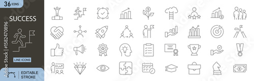Success icons set. Includes icons for trophy, target, achievement, goal, winner, thumbs up, medal, growth, progress, and business victory. Editable stroke. Line icons. Perfect for infographics.