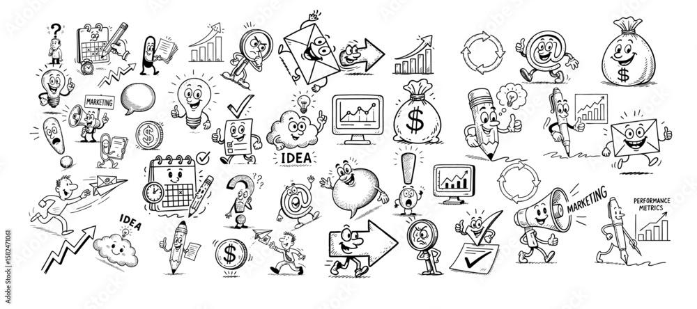chalk business board sketch icon set. Hand drawn chalkboard frame bulb, puzzle and arrow for plan marketing idea arrow, Business chart, pencil drawing, office success and internet. Vector illustration chalk business board sketch icon set. Hand drawn chalkboard frame bulb, puzzle and arrow for plan marketing idea arrow, Business chart, pencil drawing, office success and internet. Vector illustration