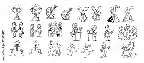 Doodle career icon set. Success winner, business goal, challenge hand drawn sketch line pen stroke style icon. Professional business career, goal sketch doodle drawn collection. Vector illustration
