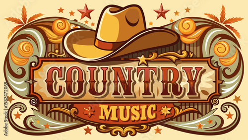 Country music sign. Cowboy hat with country music .Very beautiful