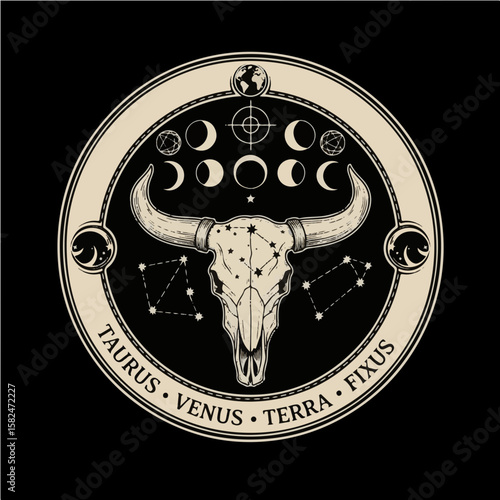 Intricate Taurus bull skull design with cosmic elements. Mystical zodiac vector art for astrology.