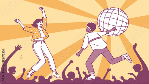 A joyful celebration with a woman dancing and a man holding a disco ball, surrounded by enthusiastic hands reaching out.