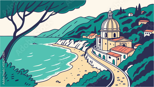 A scenic illustration of a coastal view featuring a domed building and lush greenery.