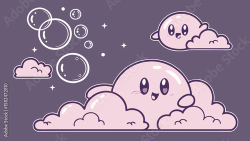 Cute pink character peeking from fluffy clouds, surrounded by playful bubbles on a purple background.