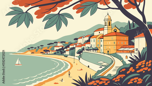 A picturesque coastal scene depicting a serene beach, charming houses, and vibrant foliage under a pastel sky.