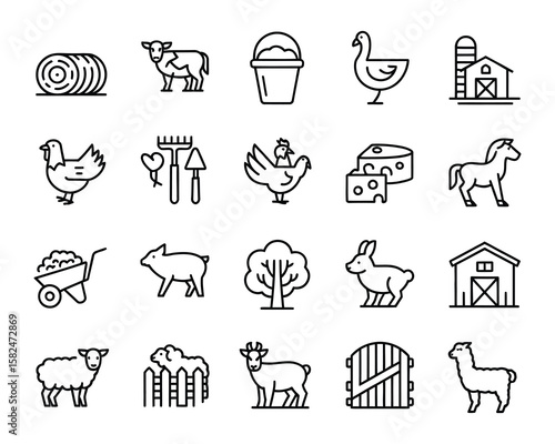 Livestock Farming Icons. Agriculture, barn, hay, cattle, poultry, sheep, pig, farming tools, feeding, rural life, animal husbandry, farm management. Adjustable Line Weight