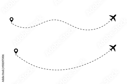 Vector path for plane icon and travel line with air trip on the map. Route and flight traced by dash or dot toward a clear destination. Minimal airport graphic.