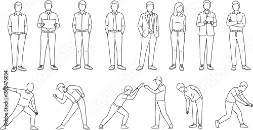 Line art business and casual people, office workers and active poses, hand drawn outline set, black and white vector collectionLine art business and casual 