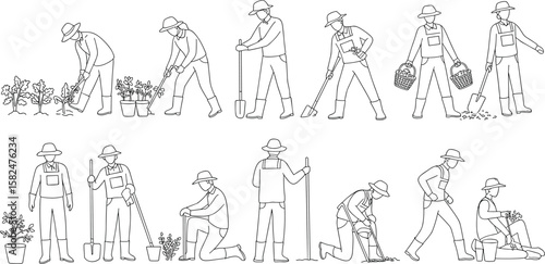 Line art illustration of farmers working in garden, planting, digging, harvesting, agricultural workers with tools, black and white vector setLine art illustration of farmers working in garden