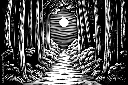 A dense forest pathway under moonlight with towering trees, glowing fireflies and misty air, represented in mystical black and white line art illustration for magical nighttime scenes