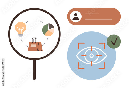 Magnifying glass over light bulb, pie chart, shopping bag, eye inside recognition frame, profile ID. Ideal for business analysis, innovation, shopping trends, analytics identity security