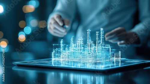 Engineer petrochemical refinery concept. Digital representation of a futuristic cityscape being manipulated by hands.