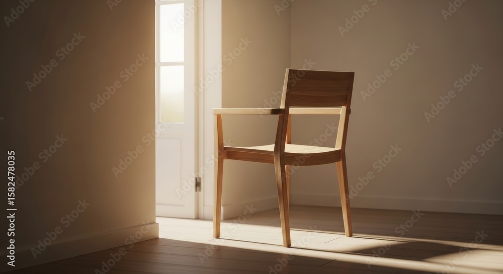 Fototapeta premium Sunlit Wooden Chair Near Doorway in Minimalist Room