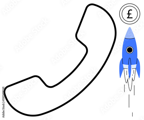 Outline of a phone receiver with a blue rocket symbol and a currency icon, representing innovation, finance, progress, communication, speed, startup success, and growth. Ideal for financial services
