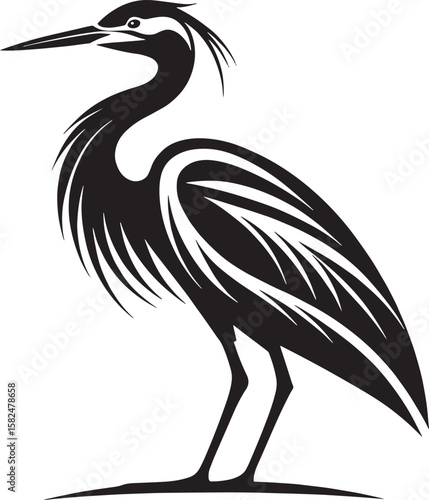 Stylized black heron standing on white bird