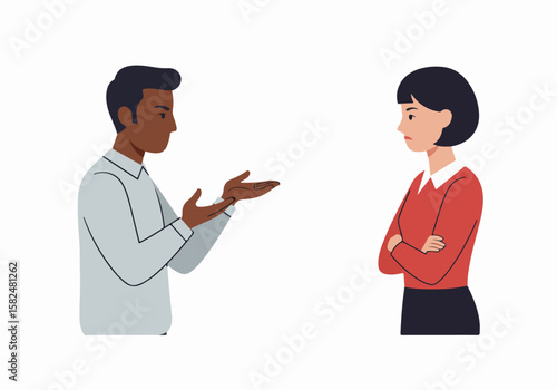 Man Explaining to Upset Woman with Crossed Arms Illustration