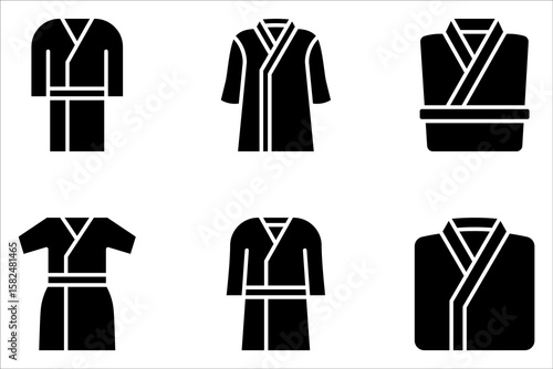 Bathrobe linear icon set. Clean folded clothes. Bathrobe for shower. Spa wear. Textile products on white background