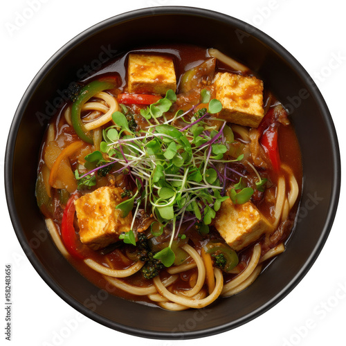 Delicious udon noodle soup with tofu and vegetables in a savory broth isolated on transparent background