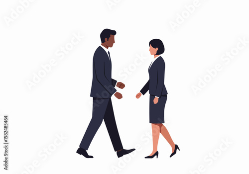 Business man and woman in suits walking towards each other, about to meet or shake hands. Professional collaboration concept.