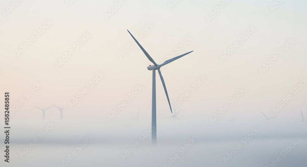 Obraz premium Wind turbine stands tall amidst a thick fog, with other turbines faintly visible in the background.