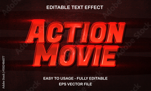 Action movie text, editable text effect template glossy style, 3d bold red neon shiny futuristic typeface